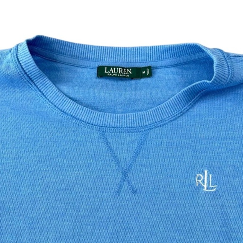 Lauren Ralph Lauren Blue Pique Knit Long Sleeve Crewneck Top LRL Monogram Preppy - Picture 3 of 10